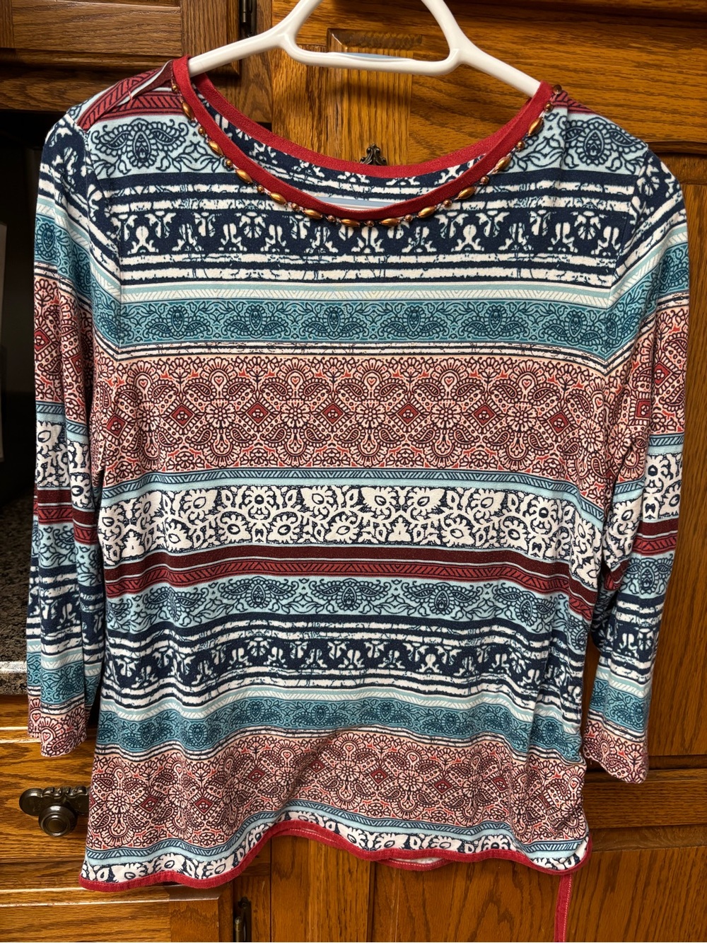 Ruby Rd. Striped Boho Long Sleeve Top in Navy, Teal & Red